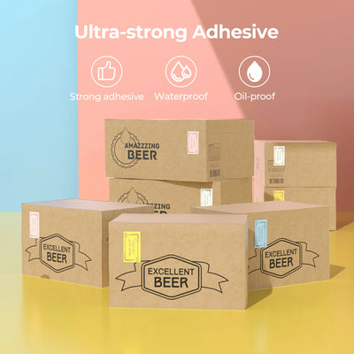 Shipping boxes with printed thermal labels, waterproof and oil-proof, on colorful background