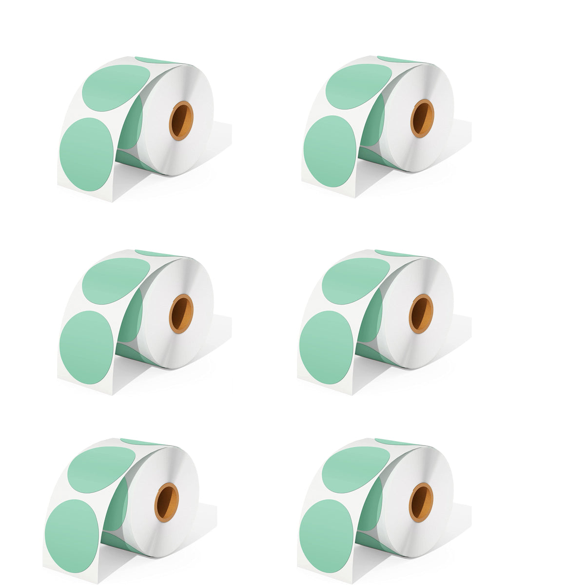 MUNBYN offers six rolls of green direct thermal round labels as a kit, with 750 labels per roll.
