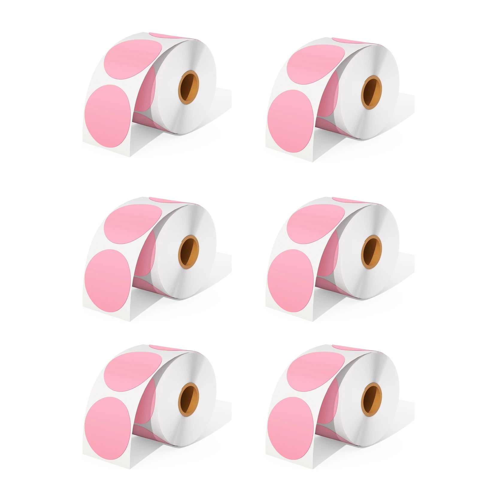 MUNBYN offers six rolls of pink direct thermal round labels as a kit, with 750 labels per roll.