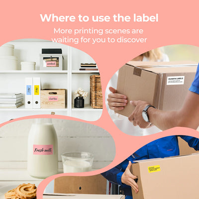 Multiple uses for thermal labels on packages, storage boxes, binders, and a milk bottle.