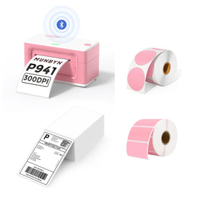 The MUNBYN 941B pink Bluetooth label printer kit includes a printer, two rolls of pink labels, and a stack of shipping labels
