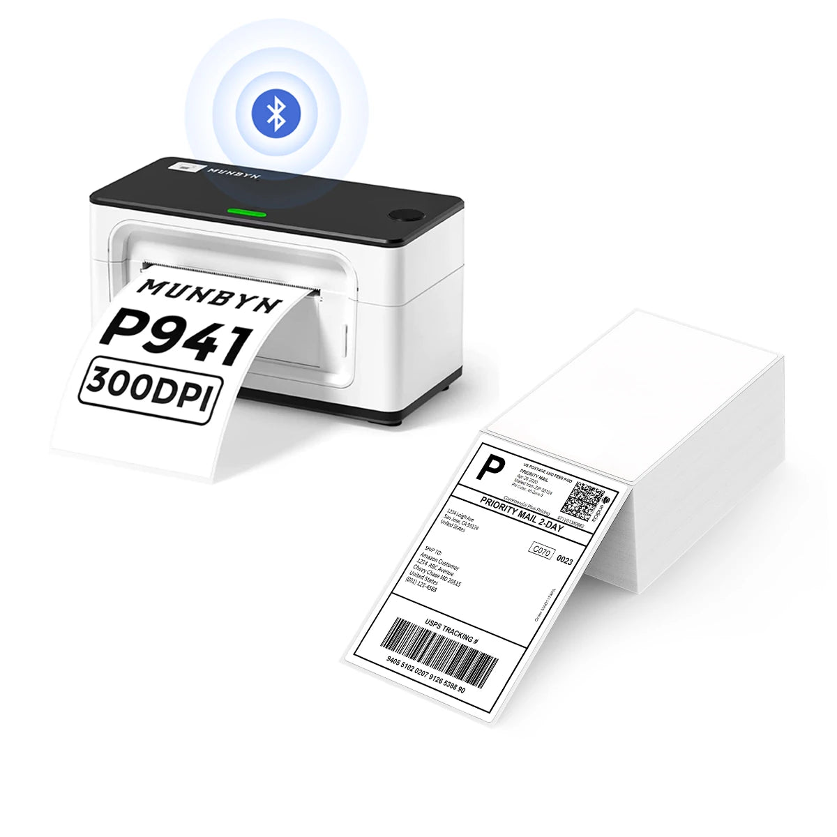 The MUNBYN 941B white Bluetooth label printer kit comes with a printer and a stack of shipping labels.