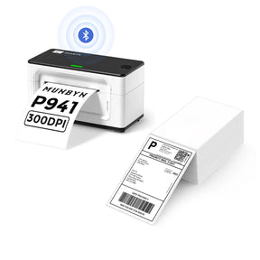 The MUNBYN 941B white Bluetooth label printer kit comes with a printer and a stack of shipping labels.