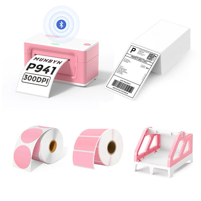 The MUNBYN 941B pink Bluetooth label printer kit includes a printer, a label roll holder, two rolls of pink labels, and a stack of shipping labels