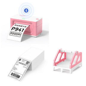 The MUNBYN 941B pink Bluetooth label printer kit includes a printer, a pink label roll holder, and a stack of shipping labels