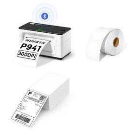 The MUNBYN 941B white Bluetooth label printer kit comes with a printer, a roll of blank circle labels, and a stack of shipping labels