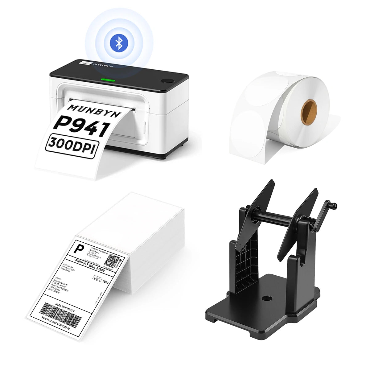 The MUNBYN 941B white Bluetooth label printer kit comes with a printer, a label holder, a roll of blank circle labels, and a stack of shipping labels