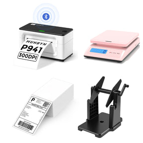 The MUNBYN 941B white Bluetooth label printer kit comes with a printer, a label holder, a postal scale, and a stack of shipping labels.