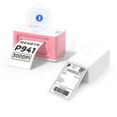 The MUNBYN 941B pink Bluetooth label printer kit includes a printer, and a stack of shipping labels