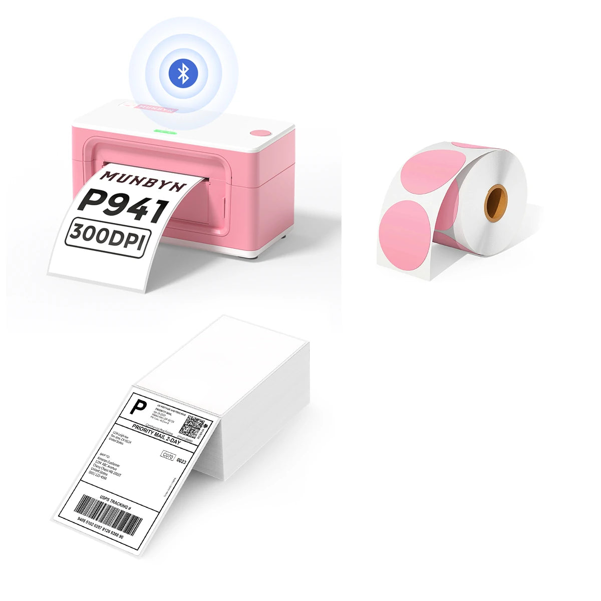 The MUNBYN 941B pink Bluetooth label printer kit includes a printer, a rolls of pink circle labels, and a stack of shipping labels