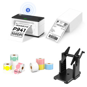 The MUNBYN 941B white Bluetooth label printer kit comes with a printer, a label holder, eight rolls of coloured labels, and a stack of shipping labels