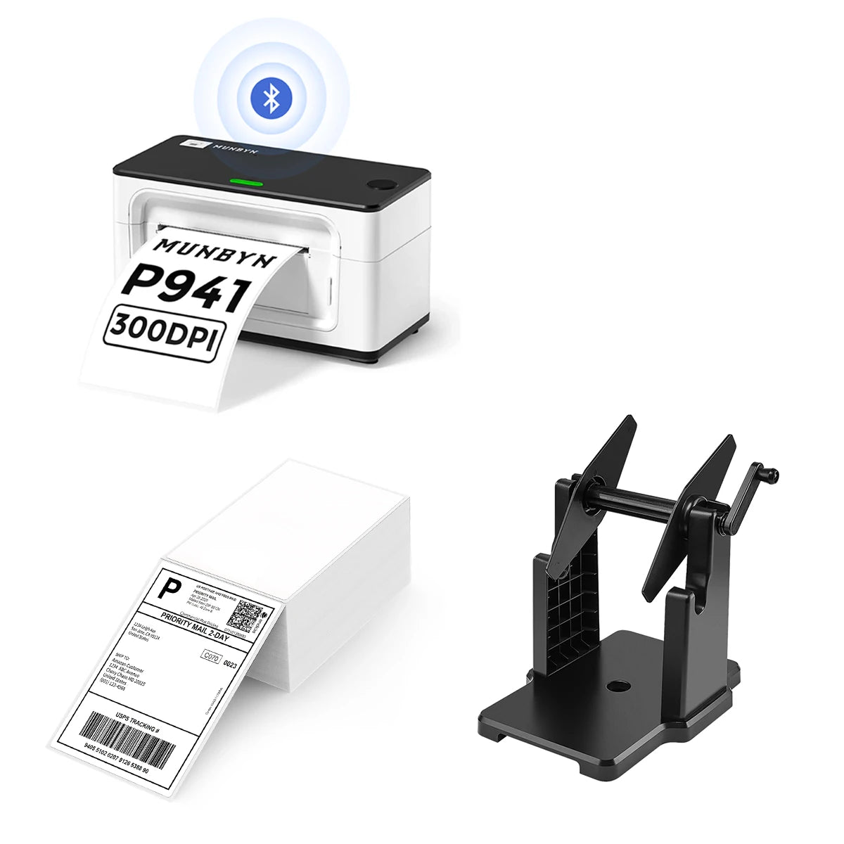 The MUNBYN 941B white Bluetooth label printer kit comes with a printer, a label holder, and a stack of shipping labels.