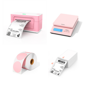 The MUNBYN P941 Pro 300DPI printer kit includes a thermal printer, a roll of pink circle labels, and a stack of shipping labels.