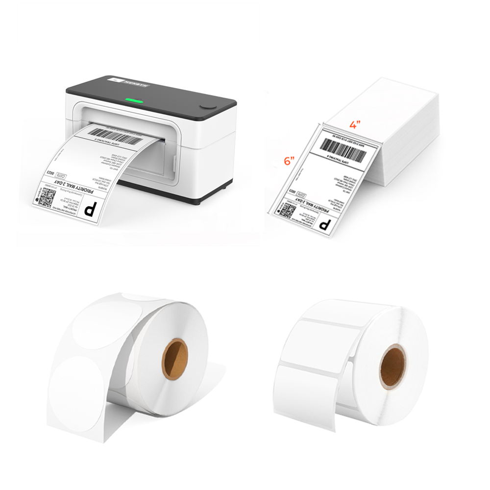 The MUNBYN P941 Pro commercial printer kit includes a thermal printer, two rolls of blank thermal labels and a stack of shipping labels.