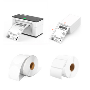 The MUNBYN P941 Pro commercial printer kit includes a thermal printer, two rolls of blank thermal labels and a stack of shipping labels.