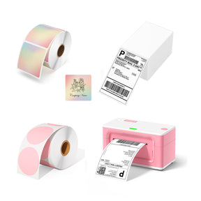 MUNBYN Pink Printer Color Label Kit includes a roll of colored square labels, a roll of pink round labels, a stack of shipping labels, and a pink printer.