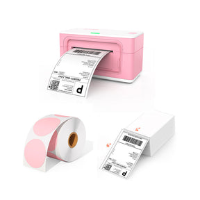 The MUNBYN P941 Pro cheap printer kit includes a thermal printer, a roll of pink circle labels, and a stack of shipping labels.