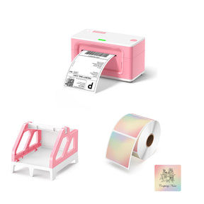 The Pink Printer Color Label Kit includes a roll of color square labels, a pink printer and a label holder.