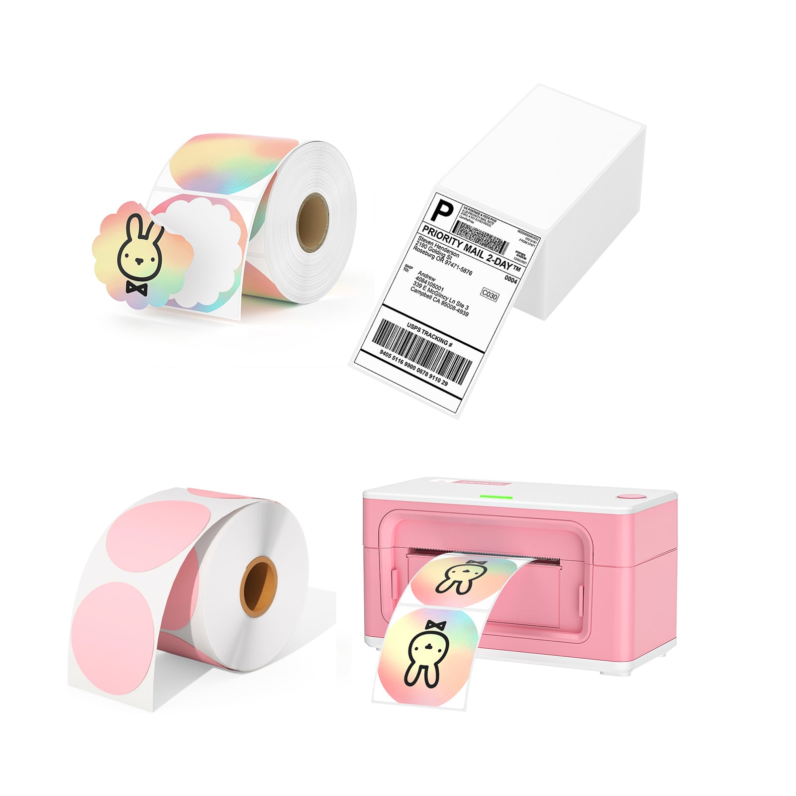 MUNBYN Pink Printer Color Label Kit includes a roll of color flower labels, a roll of pink round labels, a pink printer and a stack of blank shipping labels.