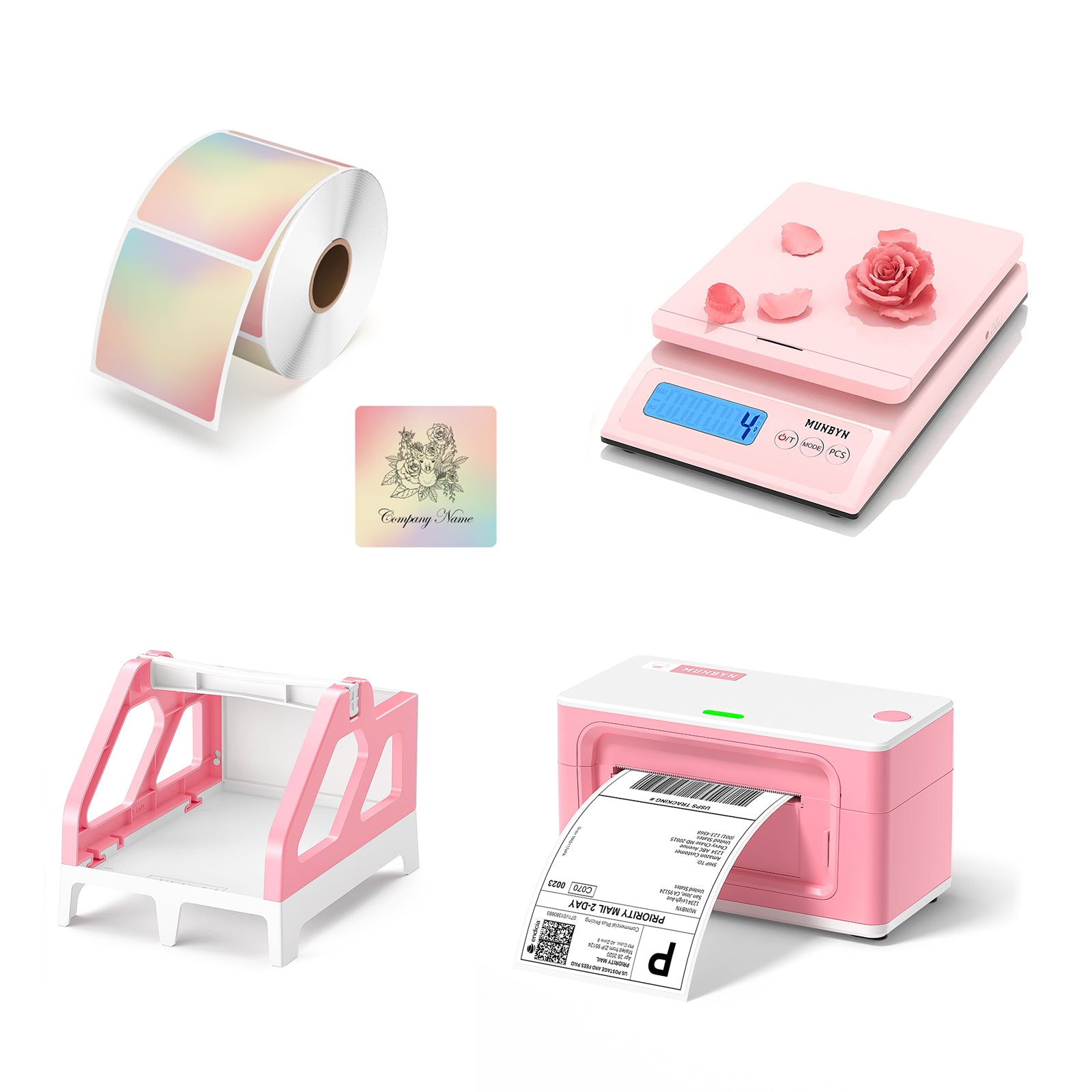 MUNBYN Pink Printer Color Label Kit includes a roll of color square labels, a postage scale, a pink printer and a label holder.