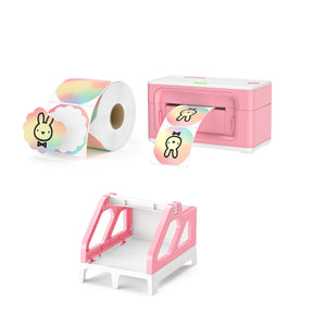 The Pink Printer Color Label Kit includes a roll of 58mm color flower labels, a pink thermal printer, and a pink label holder