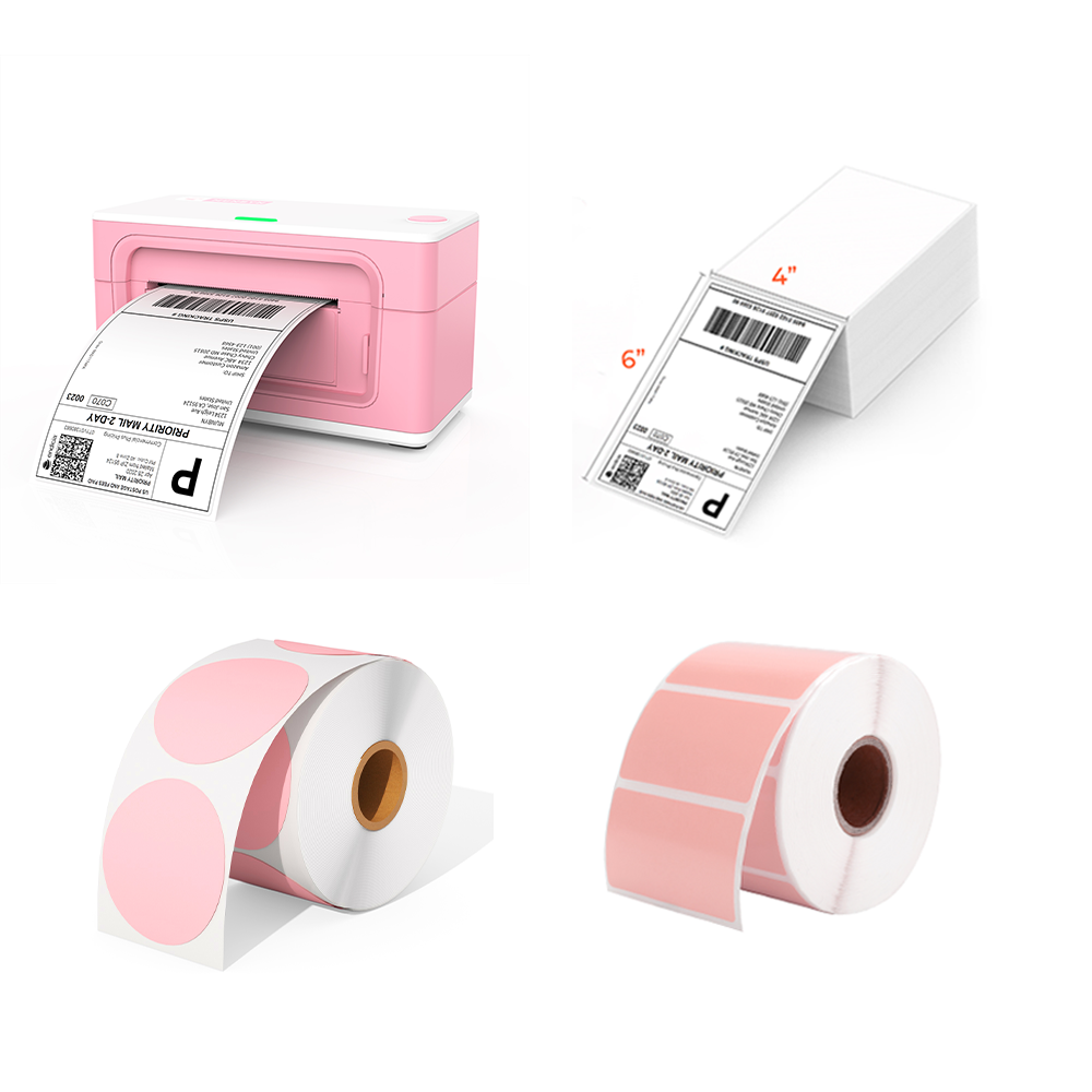 The MUNBYN P941 Pro 300DPI printer kit includes a thermal printer, two rolls of pink thermal labels, and a stack of shipping labels.
