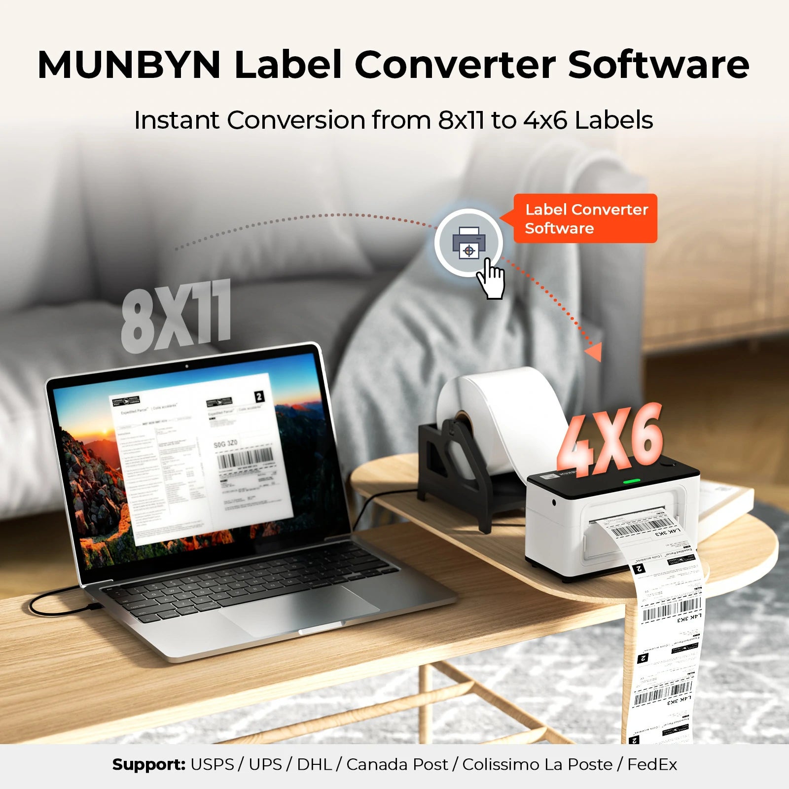 By using the MUNBYN Label Converter app, MUNBYN printers can convert and print 8.5x11-inch labels into 4x6-inch labels.