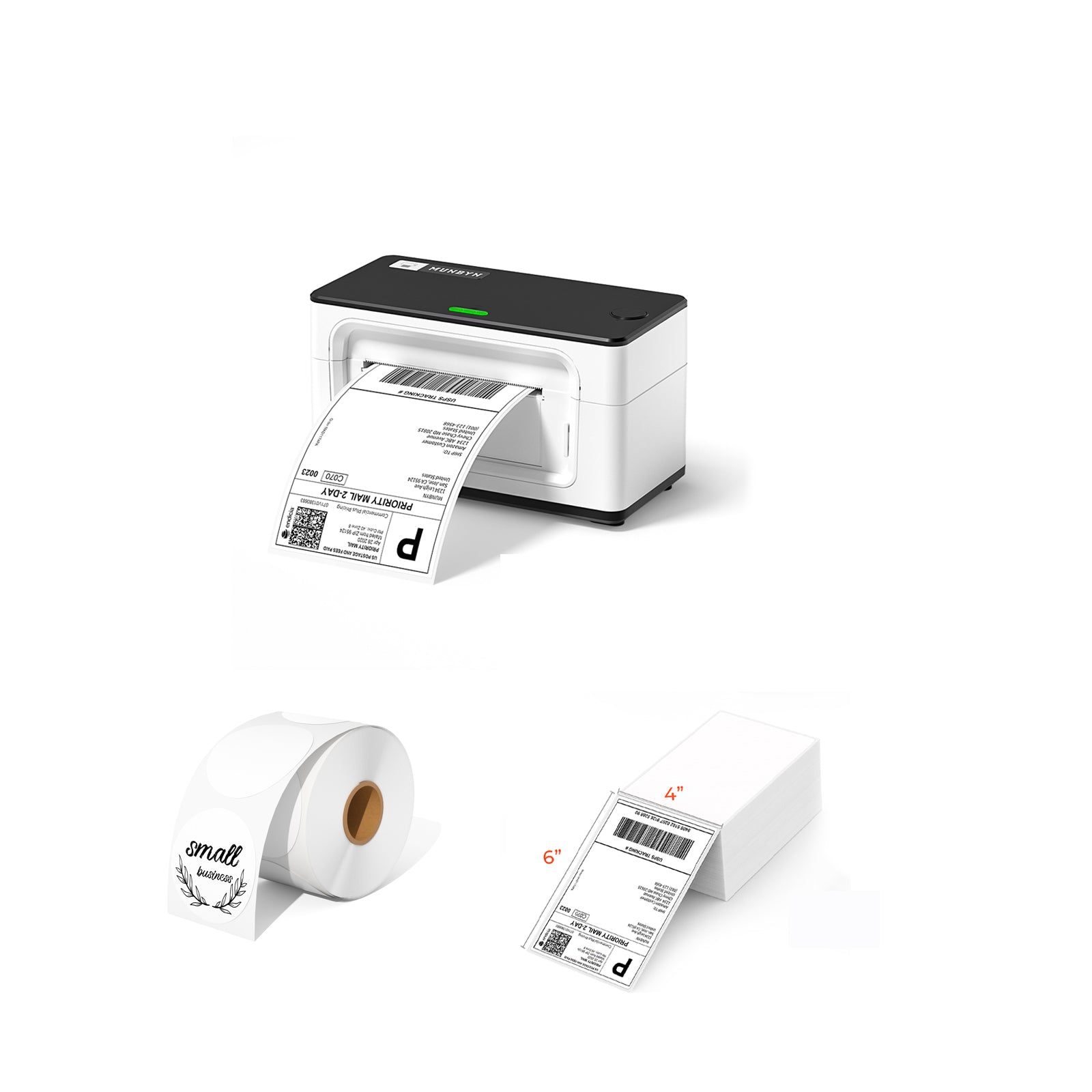 The MUNBYN P941 Pro cheap printer kit includes a thermal printer, a roll of blank circle labels and a stack of shipping labels.